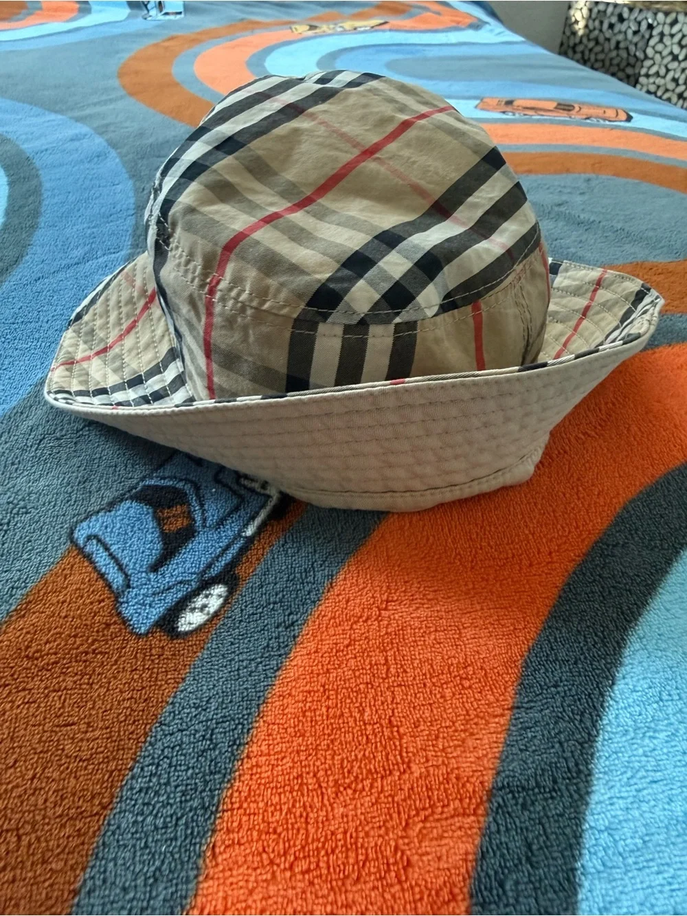 Burberry Beige Plaid Kids Bucket Hat with Navy & Red Stripes